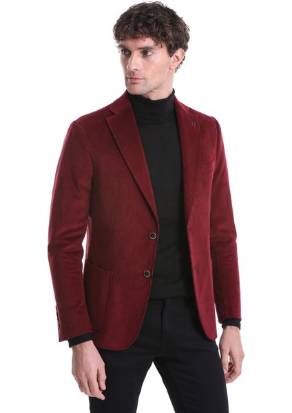 Bordo Slim Fit Düz Mono Yaka Pamuklu Kadife Ceket