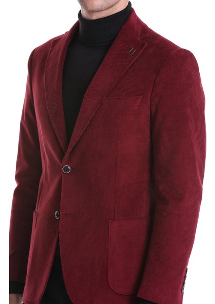 Bordo Slim Fit Düz Mono Yaka Pamuklu Kadife Ceket