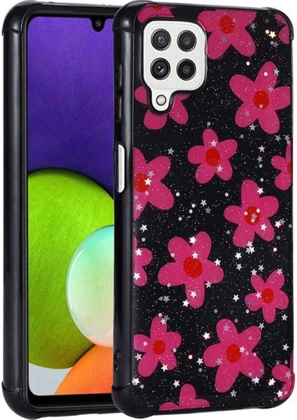 Samsung Galaxy A22 4g Uyumlu Kılıf Simli Desenli Kamera Korumalı Parlak Zore Popy Kapak, Çiçek