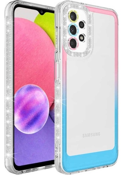 Samsung Galaxy A23 Uyumlu Kılıf Simli ve Renk Geçiş Tasarımlı Lens Korumalı Zore Park Kapak, Pembe-Mavi