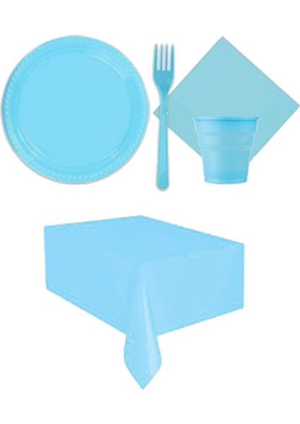 25 Kişilik Mavi Plastik Bardak Çatal Tabak Peçete Masa Örtüsü