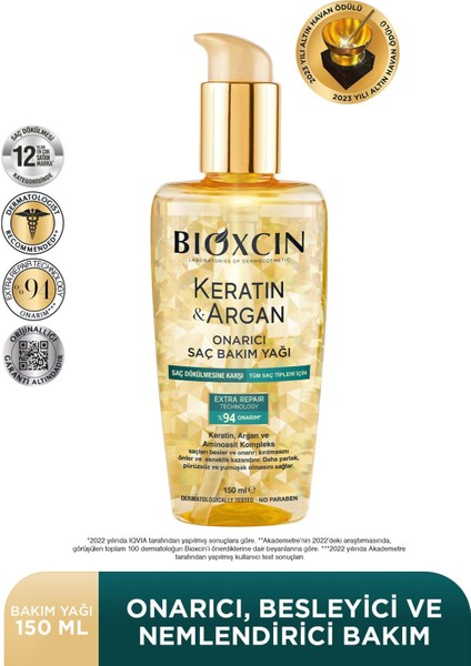 Keratin Argan Besleyici Onarıcı Saç Bakım Yağı 150 ml - Yıpranmış ve Hassas Saçlar 3'lü
