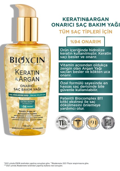 Keratin Argan Besleyici Onarıcı Saç Bakım Yağı 150 ml - Yıpranmış ve Hassas Saçlar 3'lü