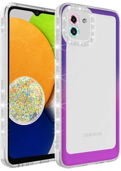 Samsung Galaxy A03 Uyumlu Kılıf Simli ve Renk Geçiş Tasarımlı Lens Korumalı Zore Park Kapak, Mor-Pembe