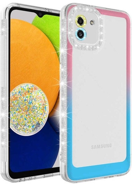 Samsung Galaxy A03 Uyumlu Kılıf Simli ve Renk Geçiş Tasarımlı Lens Korumalı Zore Park Kapak, Pembe-Mavi