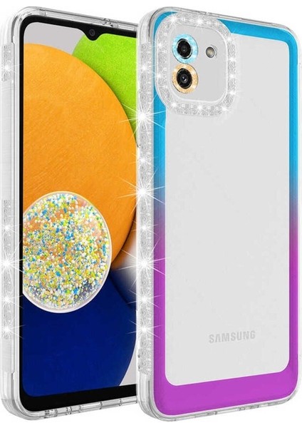 Samsung Galaxy A03 Uyumlu Kılıf Simli ve Renk Geçiş Tasarımlı Lens Korumalı Zore Park Kapak, Mavi-Mor