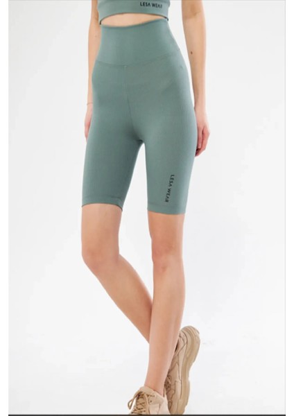 Yüksek Bel Örme Fitilli Biker Toparlayıcı Spor Tayt