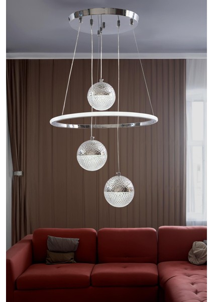 SNM2080 Krom 3 Renk Ledli Lüks Modern Sarkık 3'lü Ledli Avize