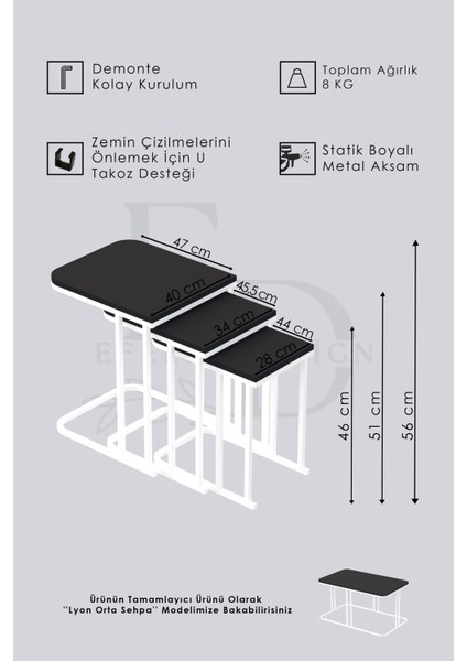 Efelez Design Lyon 3'lü C Zigon Sehpa Beyaz Metal - Barok Tabla