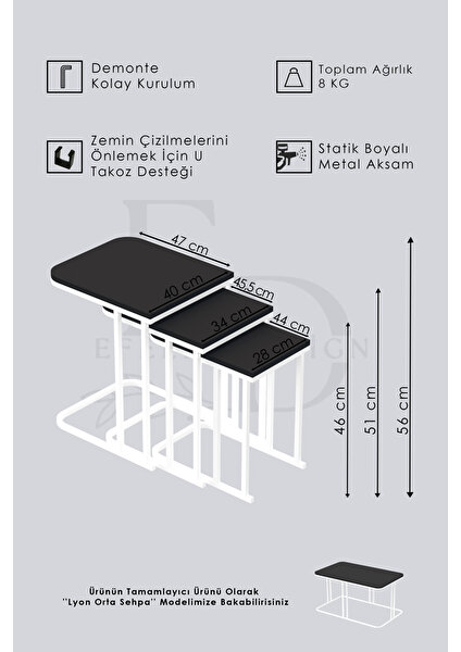 Efelez Design Lyon 3'lü C Zigon Sehpa Beyaz Metal - Beyaz Mermer Tabla