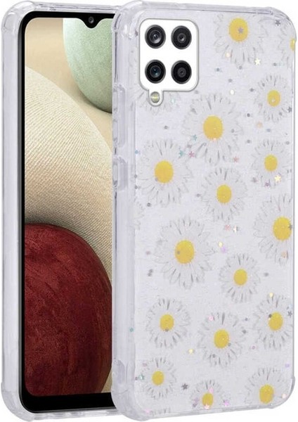 Samsung Galaxy M33 Uyumlu Kılıf Simli Desenli Kamera Korumalı Parlak Popy Kapak, Papatya