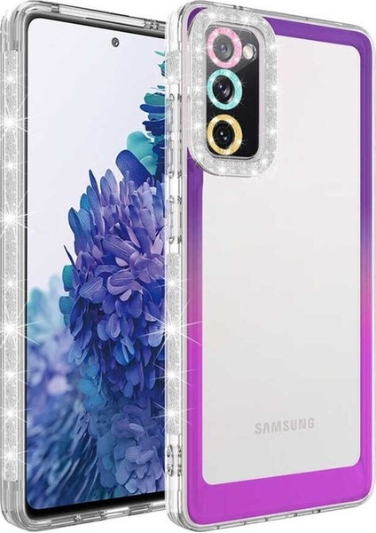 Samsung Galaxy S20 Fe Uyumlu Kılıf Simli ve Renk Geçiş Tasarımlı Lens Korumalı Park Kapak, Mor-Pembe