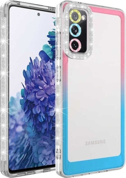 Samsung Galaxy S20 Fe Uyumlu Kılıf Simli ve Renk Geçiş Tasarımlı Lens Korumalı Park Kapak, Pembe-Mavi