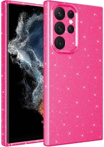 Samsung Galaxy S22 Ultra Uyumlu Kılıf Kamera Korumalı Simli Lüks Koton Kapak, Koyu Pembe