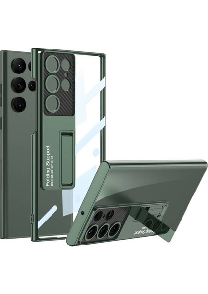 Samsung Galaxy S24 Ultra Uyumlu Kılıf Kamera Korumalı Şeffaf Tasarımlı Standlı Kapak, Yeşil