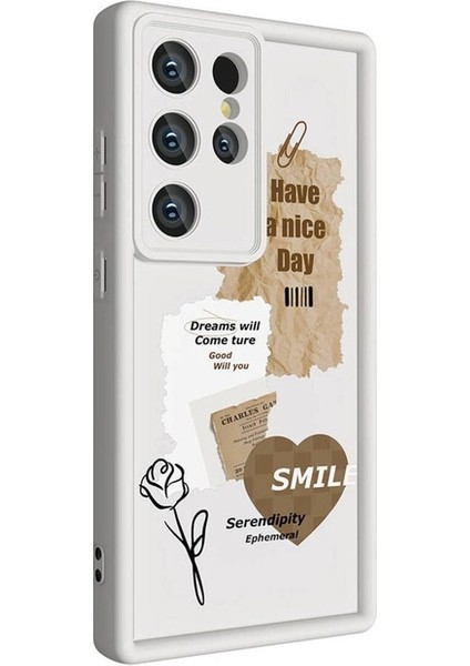 Samsung Galaxy S23 Ultra Uyumlu Kılıf Kamera Korumalı Baskılı Arka Yüzey Klas Kapak, Beyaz