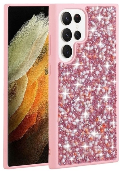 Samsung Galaxy S23 Ultra Uyumlu Kılıf Parlak Taşlı Tasarım Linea Kapak, Pembe