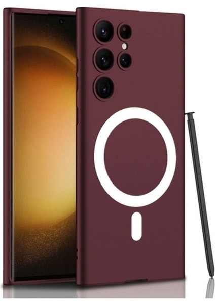 Samsung Galaxy S23 Ultra Uyumlu Kılıf Wireless Şarj Özellikli Kıpta Magsafe Silikon Kapak, Koyu Kırmızı