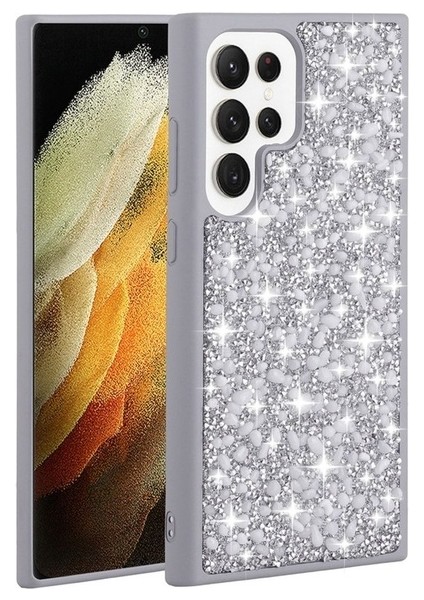 Samsung Galaxy S23 Ultra Uyumlu Kılıf Parlak Taşlı Tasarım Linea Kapak, Gümüş