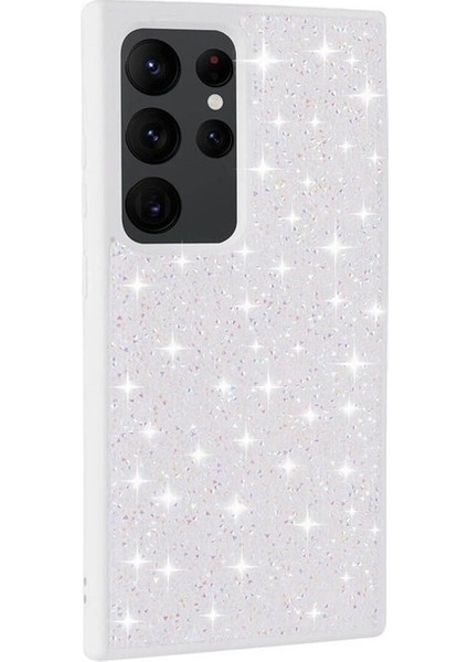 Samsung Galaxy S24 Ultra Uyumlu Kılıf Parlak Taşlı Tasarım Pırlanta Kapak, Beyaz