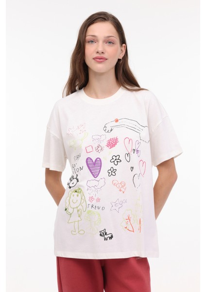 Wl Flor 11SS173 4fx Ekru Kadın Kısa Kol T-Shirt