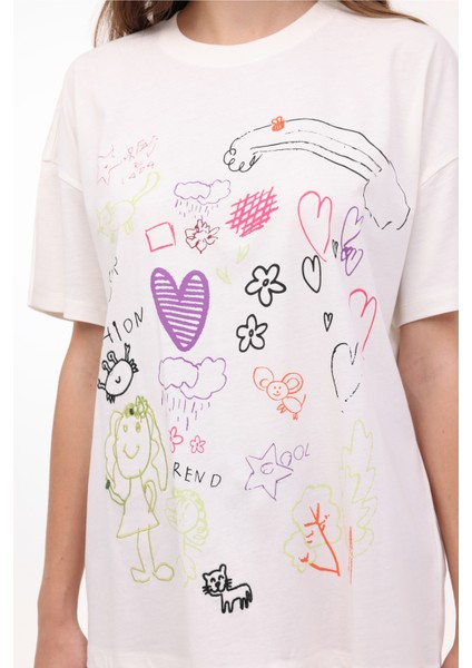 Wl Flor 11SS173 4fx Ekru Kadın Kısa Kol T-Shirt