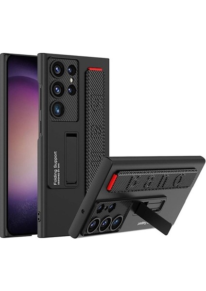 Samsung Galaxy S24 Ultra Uyumlu Kılıf Standlı El Tutacaklı Band Kapak, Siyah Karbon
