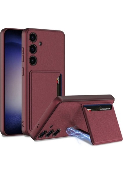 Samsung Galaxy S24 Uyumlu Suni Deri Arka Yüzey Kartlıklı Kıpta Silikon Kapak, Mürdüm