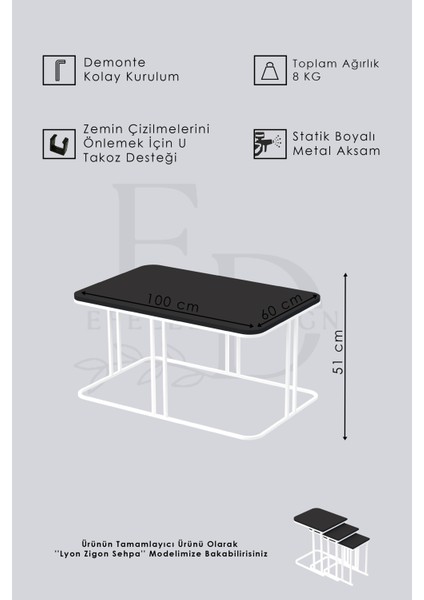 Efelez Design Lyon Orta Sehpa Siyah Metal - Siyah Mermer Tabla