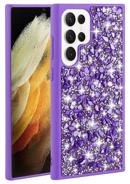 Samsung Galaxy S23 Ultra Uyumlu Kılıf Parlak Taşlı Tasarım Linea Kapak, Mor