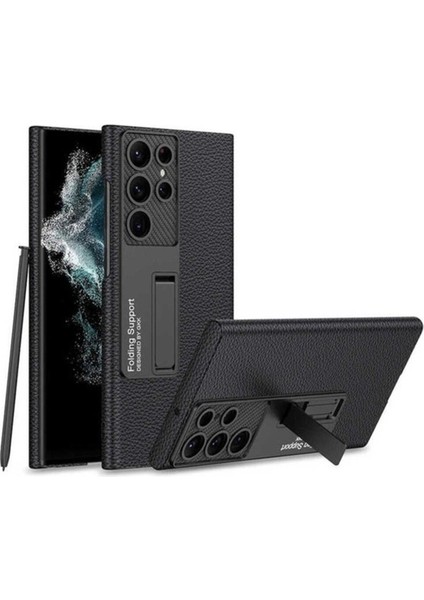 Samsung Galaxy S23 Ultra Uyumlu Kılıf Kıpta Standlı Kapak, Siyah Litchi