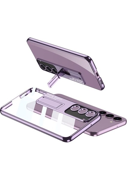 Samsung Galaxy S23 Uyumlu Kılıf Kamera Korumalı Şeffaf Tasarımlı Standlı Kapak, Mor