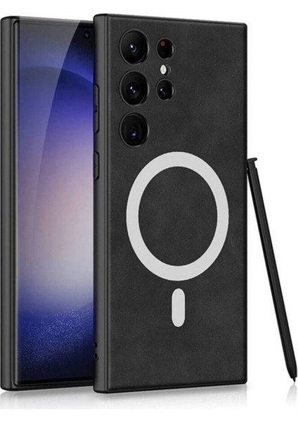 Samsung Galaxy S24 Ultra Uyumlu Kılıf Magsafe Şarj Özellikli Deri Tasarımlı Kıpta Nubuk Kapak, Siyah