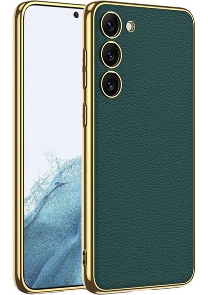 Samsung Galaxy S23 Plus Uyumlu Kılıf Deri Görünümlü Kenarları Elektroplating Kaplama Fizyon Kapak, Koyu Yeşil