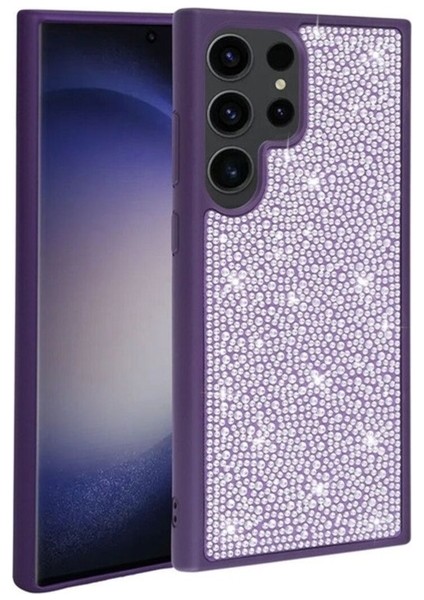 Samsung Galaxy S23 Ultra Uyumlu Kılıf Parlak Taşlı Tasarım Ston Kapak, Derin Mor