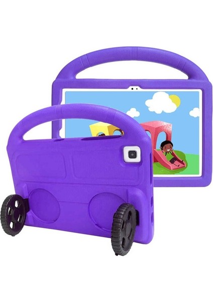Samsung Galaxy T720 Tab S5E Uyumlu Zore Wheel Car Tekerlek Standlı Tablet Eva Silikon Kılıf, Mor