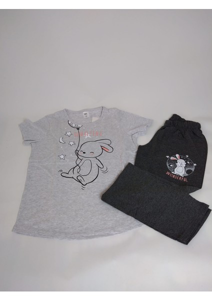Kadın Gri Antrasit Kısa Kollu Desenli Bisiklet Yaka Oval Etek Süprem Pijama Takımı