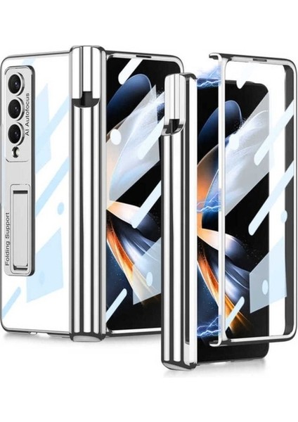Samsung Galaxy Z Fold 4 Uyumlu Kılıf Kıpta Standlı Kalem Bölmeli Kapak, Gümüş