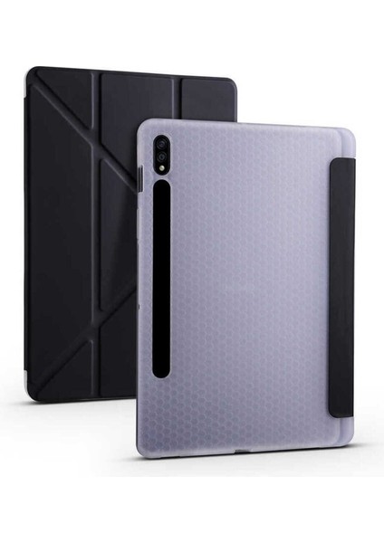 Samsung Galaxy Tab S7 Plus T970 Uyumlu Kılıf Zore Tri Folding Kalem Bölmeli Standlı Kılıf, Siyah