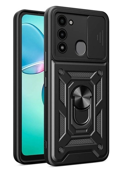 Tecno Spark 8c Uyumlu Kılıf Magnetik Standlı Kamera Korumalı Sürgülü Vega Kapak, Siyah