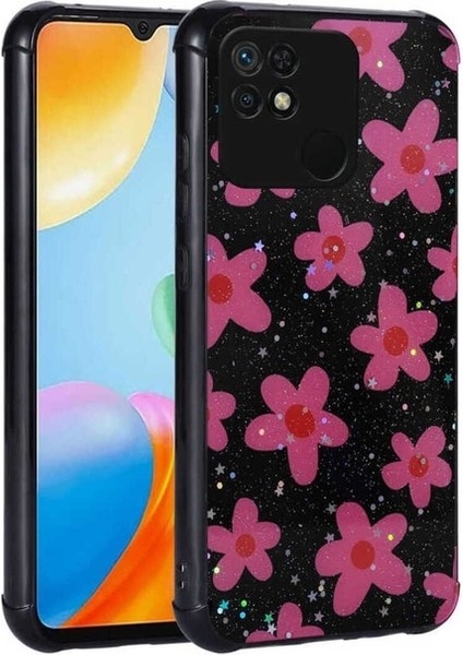 Xiaomi Redmi 10C Uyumlu Kılıf Simli Desenli Kamera Korumalı Parlak Popy Kapak, Çiçek