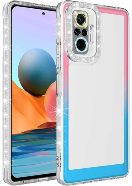 Xiaomi Redmi Note 10 Pro Uyumlu Kılıf Simli ve Renk Geçiş Tasarımlı Lens Korumalı Park Kapak, Pembe-Mavi