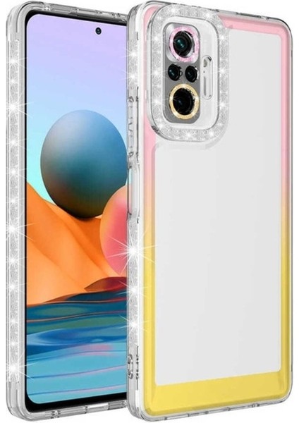 Xiaomi Redmi Note 10 Pro Uyumlu Kılıf Simli ve Renk Geçiş Tasarımlı Lens Korumalı Park Kapak, Pembe-Sarı