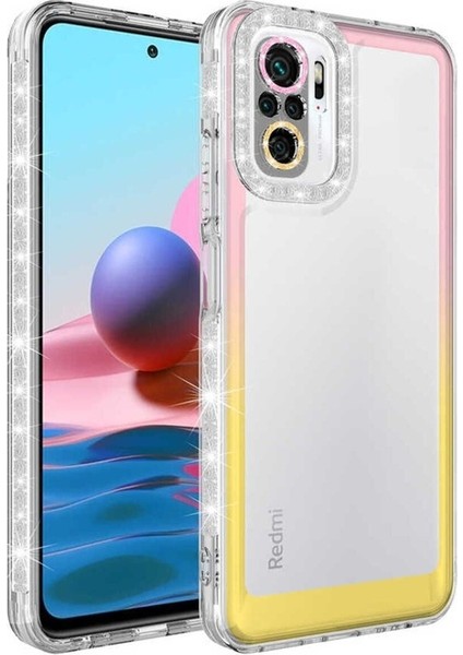 Xiaomi Redmi Note 10S Uyumlu Kılıf Simli ve Renk Geçiş Tasarımlı Lens Korumalı Park Kapak, Pembe-Sarı