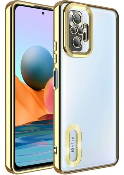 Xiaomi Redmi Note 10 Pro Uyumlu Kılıf Kamera Korumalı Logo Gösteren Omega Kapak, Gold