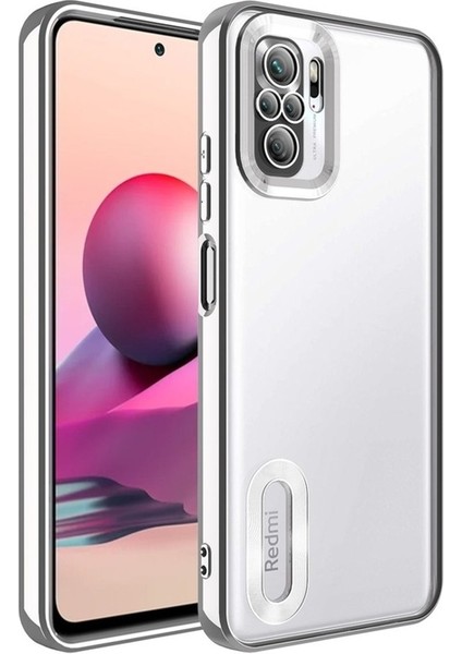 Xiaomi Redmi Note 10S Uyumlu Kılıf Kamera Korumalı Logo Gösteren Omega Kapak, Gümüş