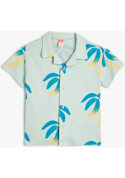 Gömlek Palmiye Baskılı Kısa Kollu Cep Detaylı Pamuklu