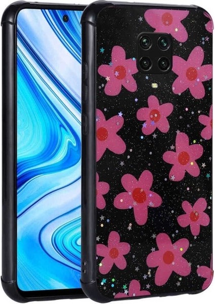 Xiaomi Redmi Note 9 Pro Uyumlu Kılıf Simli Desenli Kamera Korumalı Parlak Popy Kapak, Çiçek