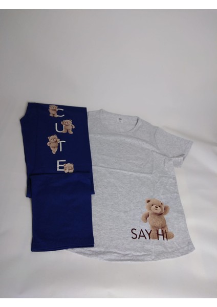 Kadın Gri Lacivert Kısa Kollu Desenli Bisiklet Yaka Oval Etek Süprem Pijama Takımı