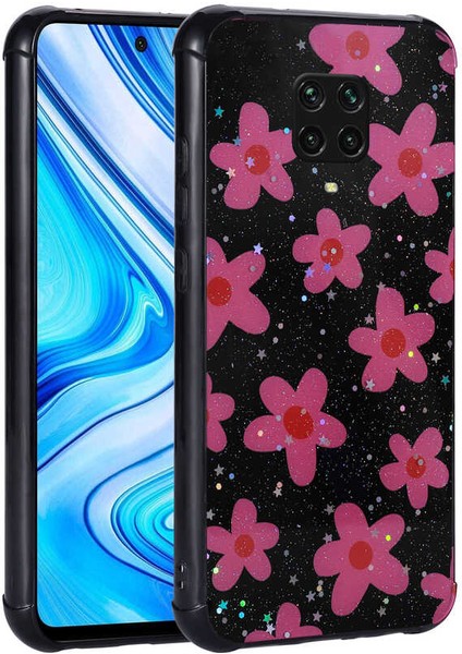 Xiaomi Redmi Note 9s Uyumlu Kılıf Simli Desenli Kamera Korumalı Parlak Popy Kapak, Çiçek
